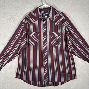 Vtg Wrangler Western Shirt Mens 17.5-35 XL Pearl Snap Burgundy Gray X-Long Tails